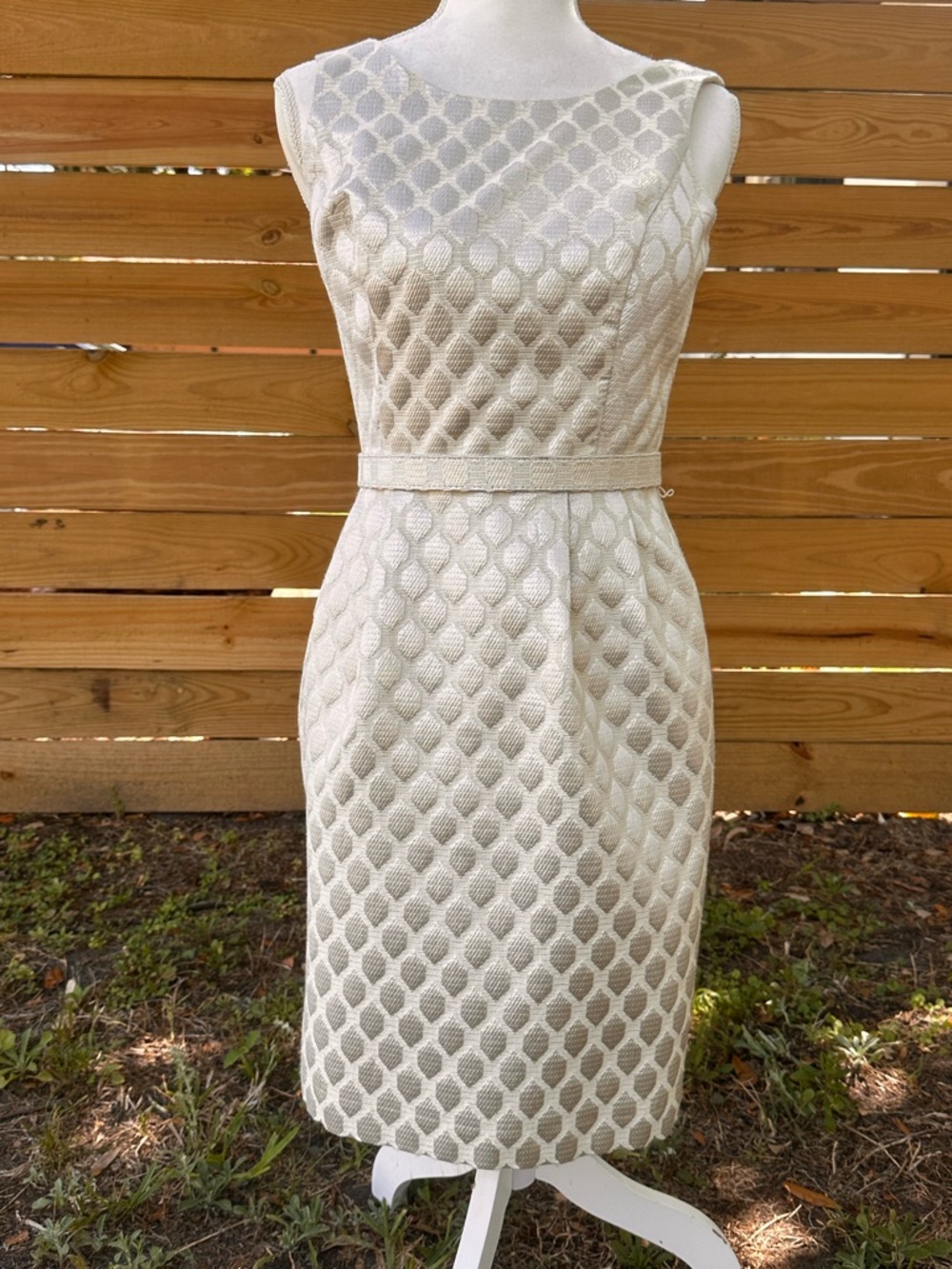 White House Black Market Ivory Textured Midi Sheath Dress for spring weddings
